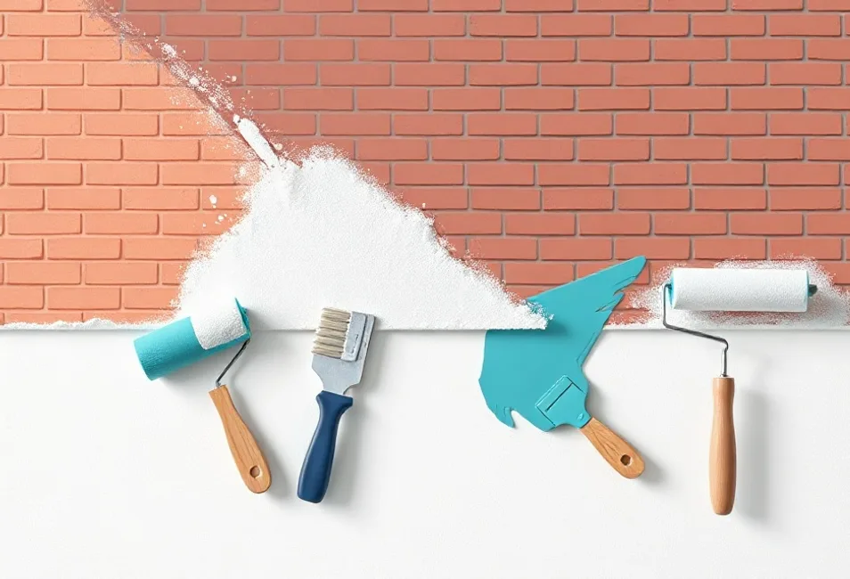 Outils de peinture disposés dans l'ordre des étapes du chantier