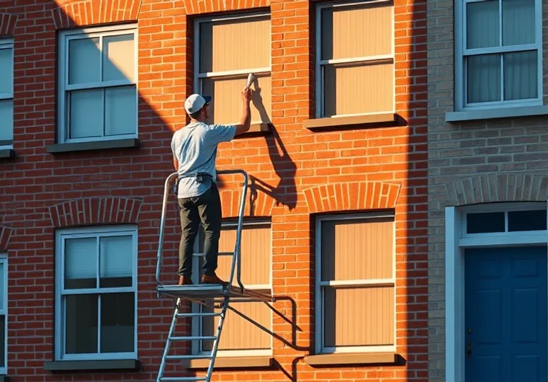 Peintre sur échafaudage traitant la façade d'une maison