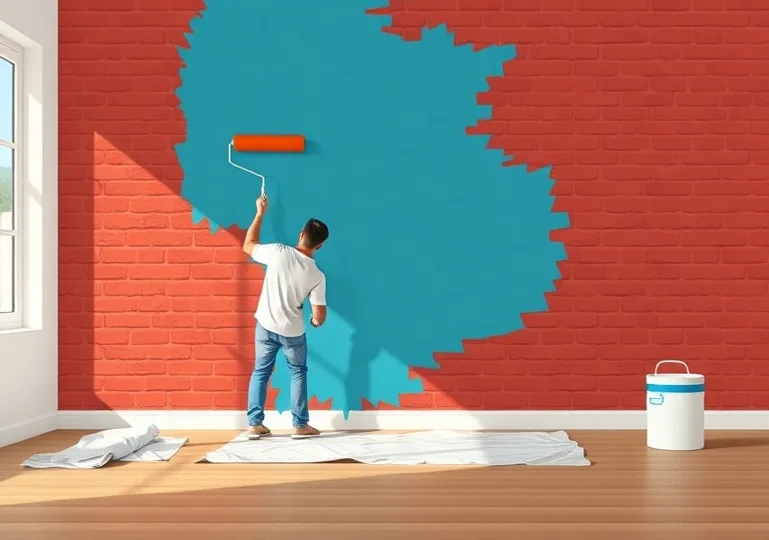Peintre appliquant la peinture au rouleau sur un mur de salon
